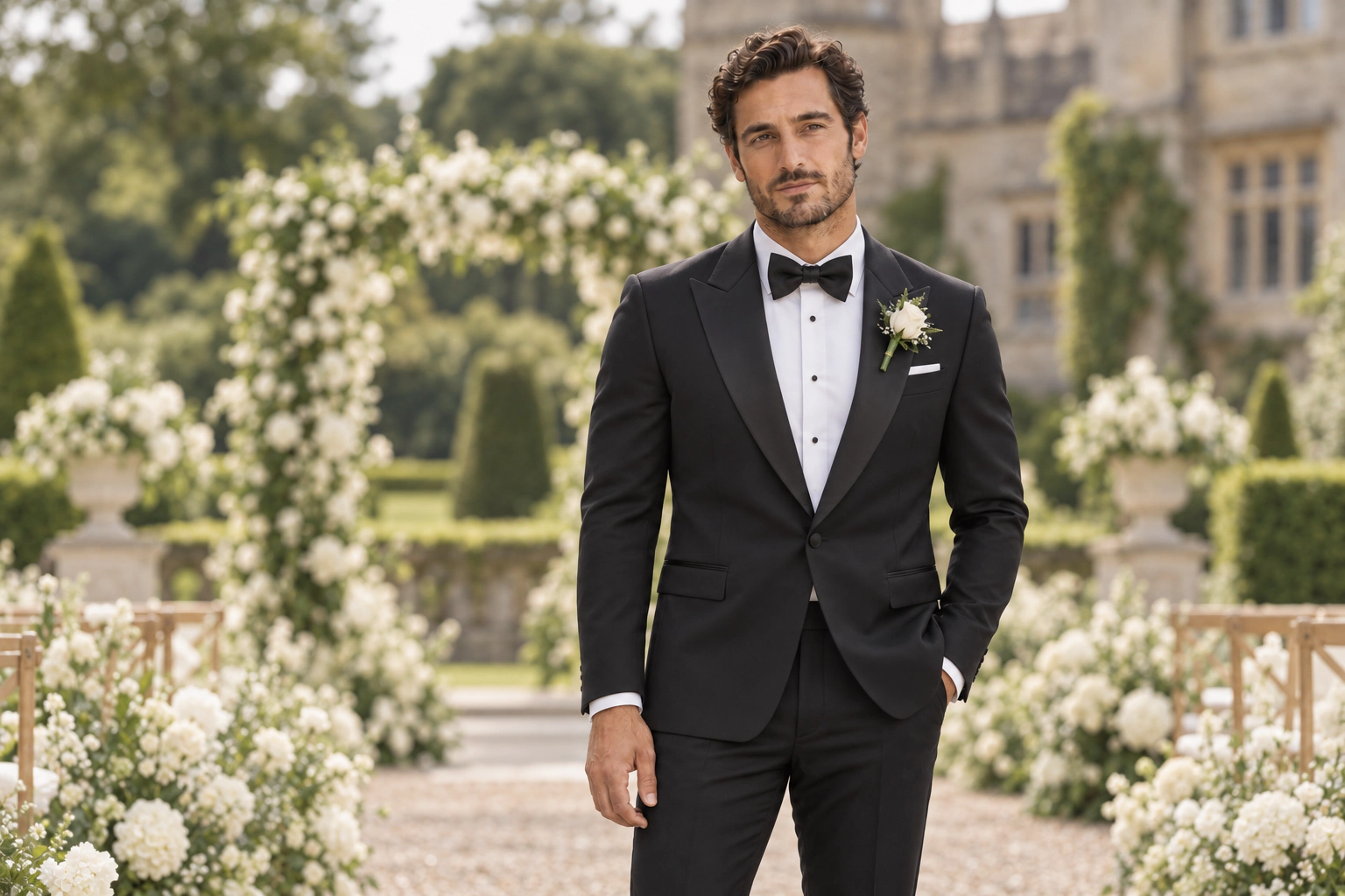 Black tie wedding suit at the garden wedding