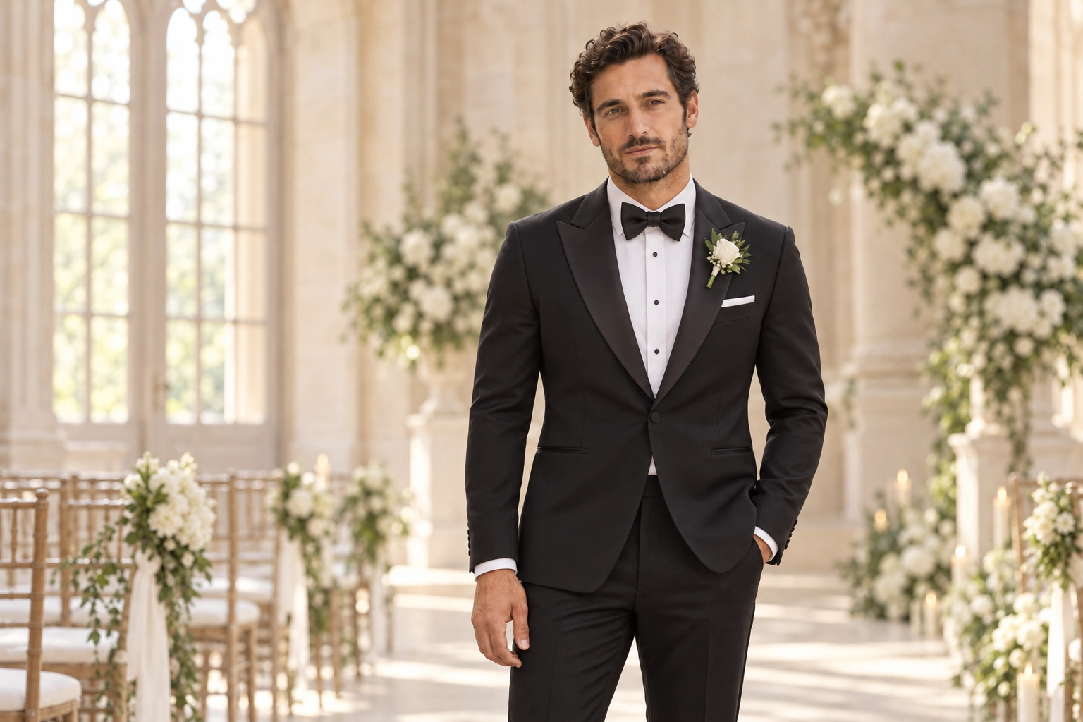 Black tie wedding suit at the wedding hall