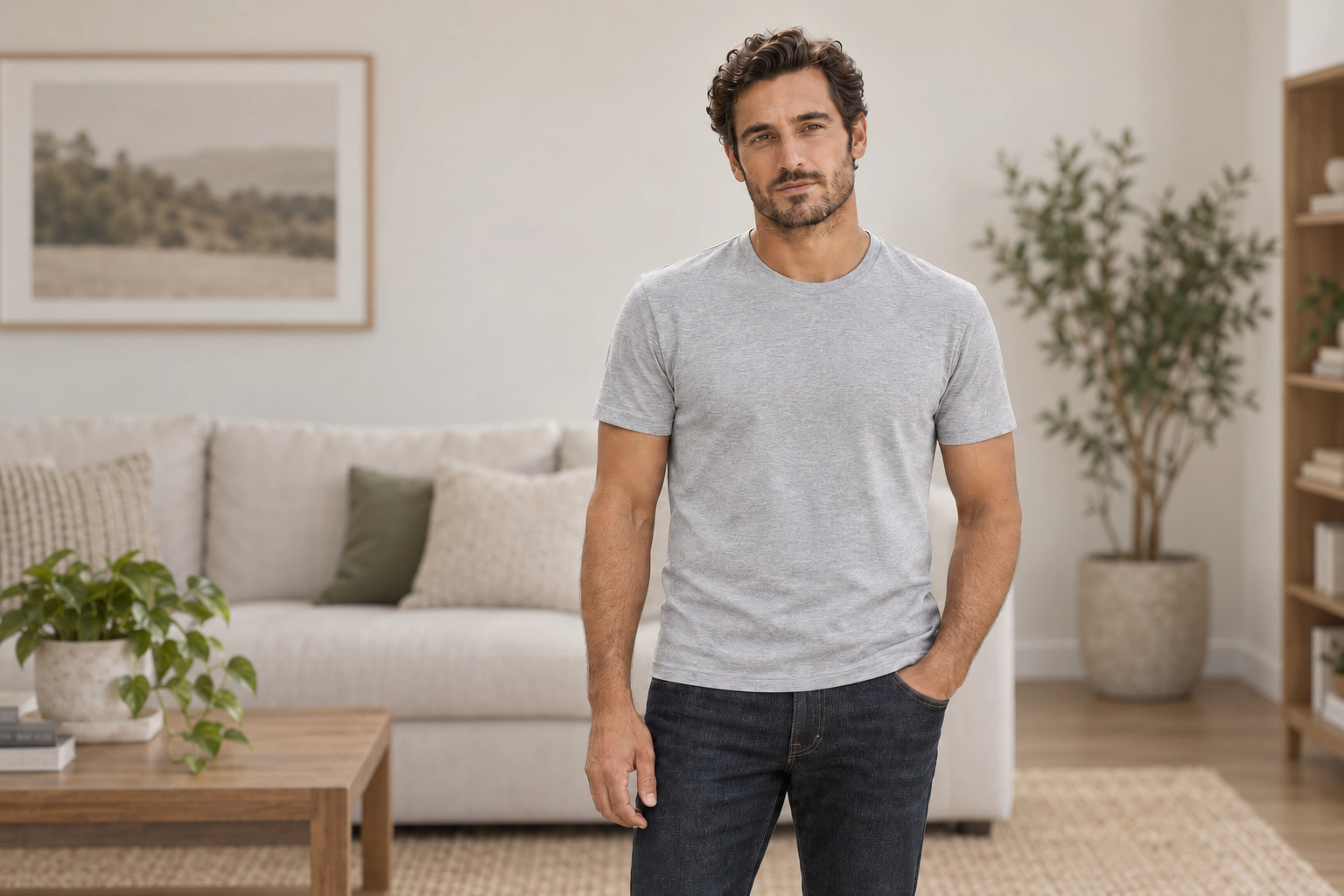 Original photo: the same man in a t-shirt and jeans at home