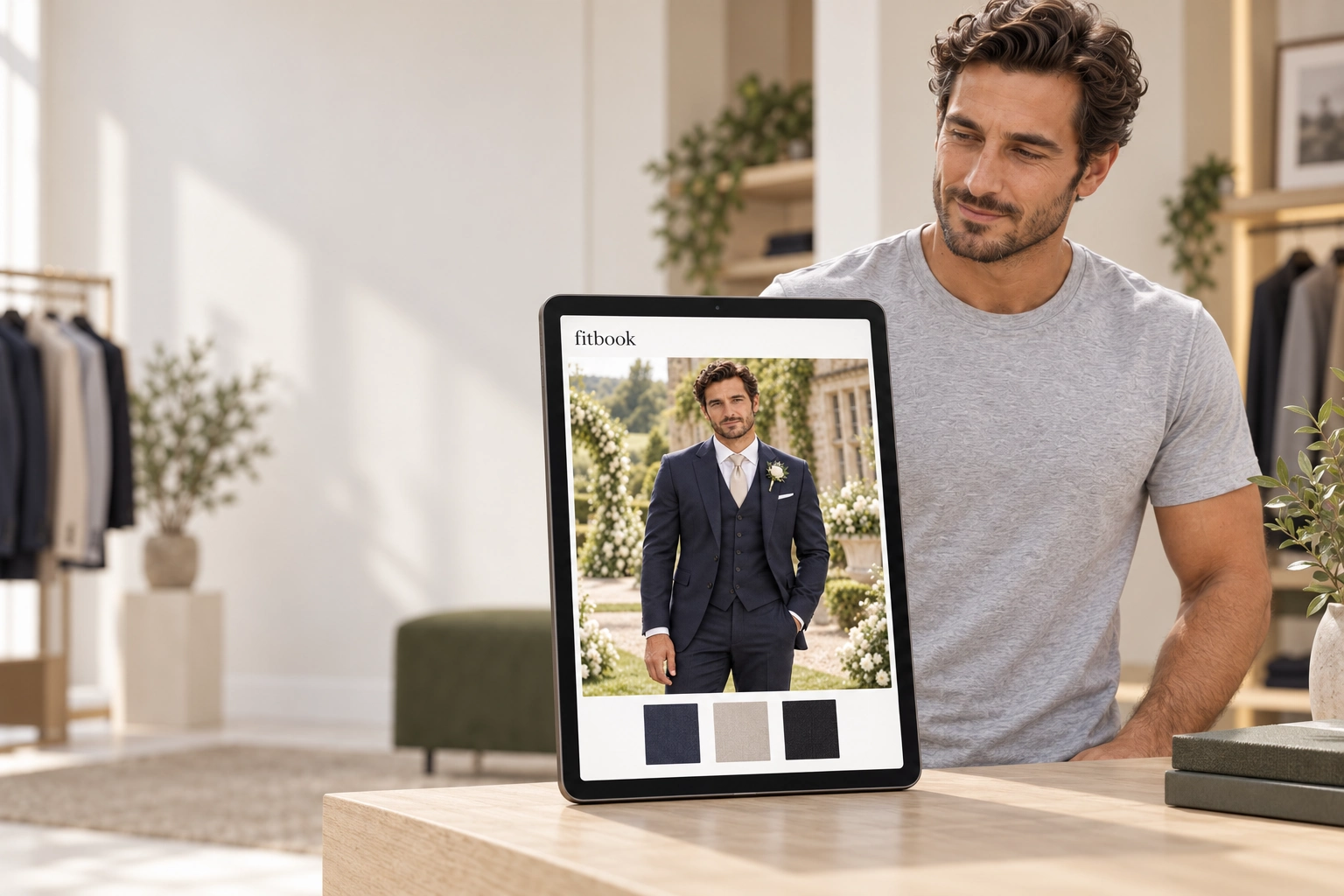 A customer sees himself in a wedding suit on an iPad in a menswear boutique