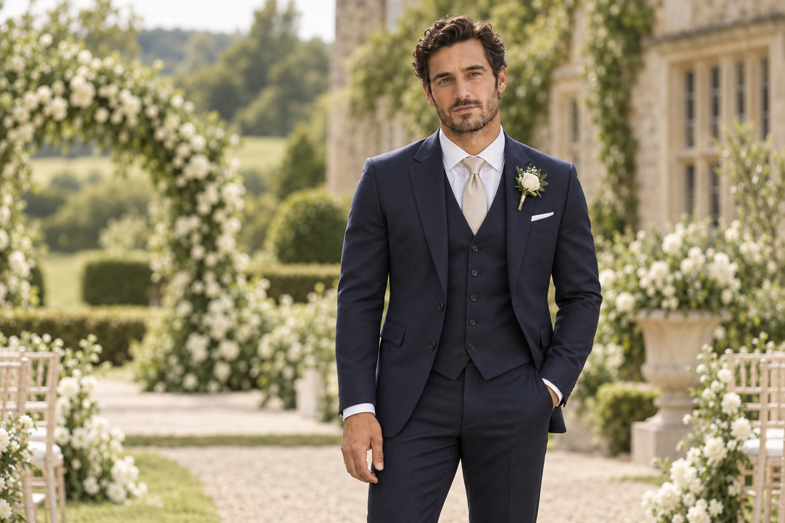 Navy wedding suit at the garden wedding