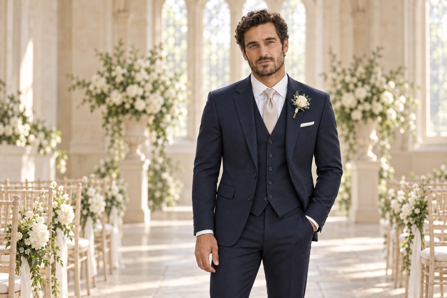 Navy wedding suit at the wedding hall
