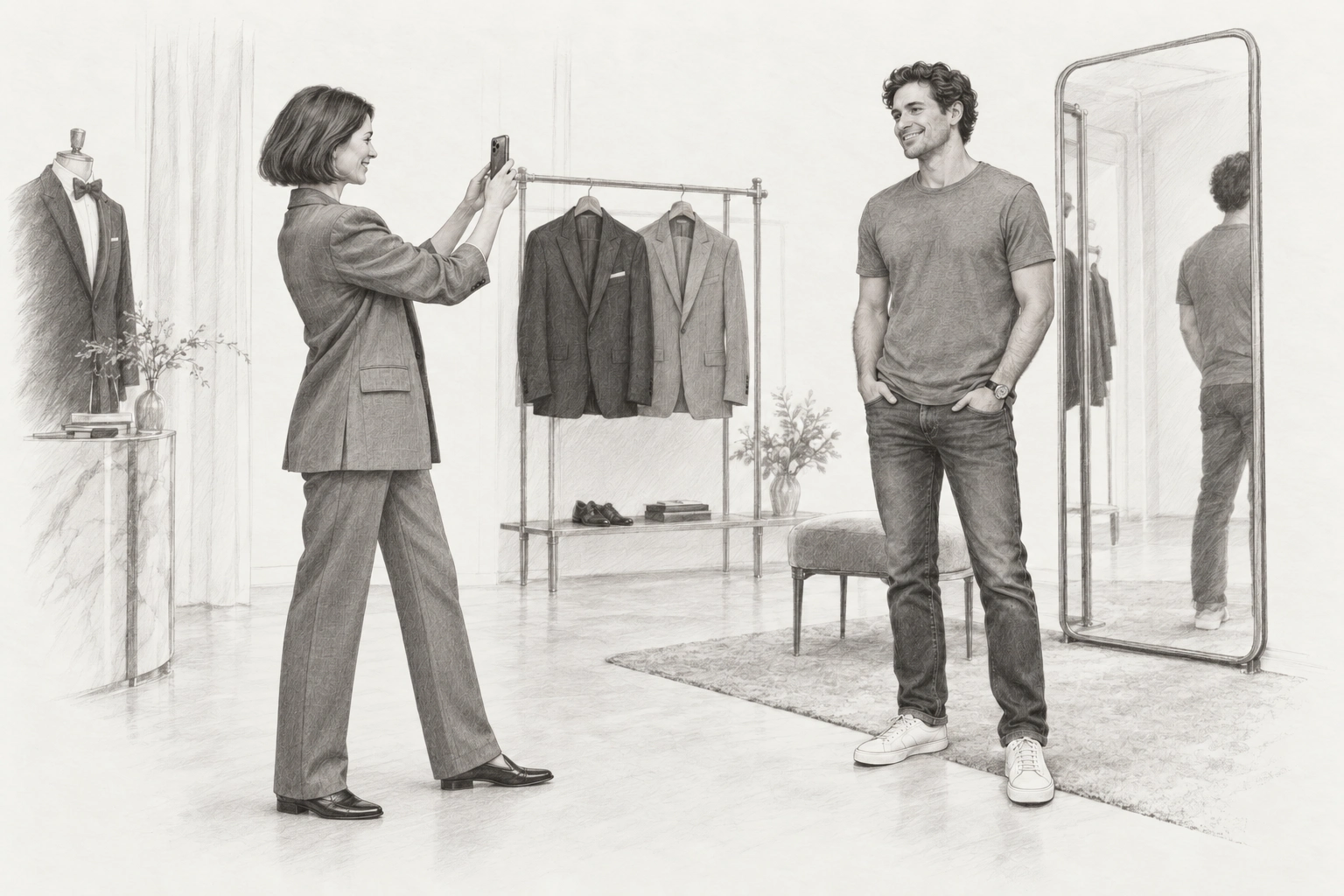 Detailed pencil sketch of a stylist photographing a customer in a formalwear boutique