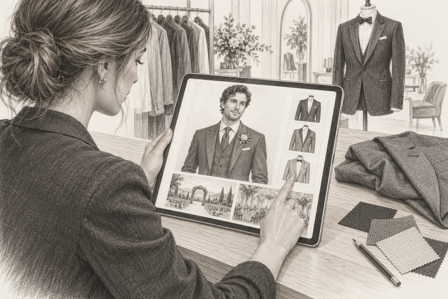 Detailed pencil sketch of a stylist choosing suits and wedding venues on an iPad, with the generated portrait on screen