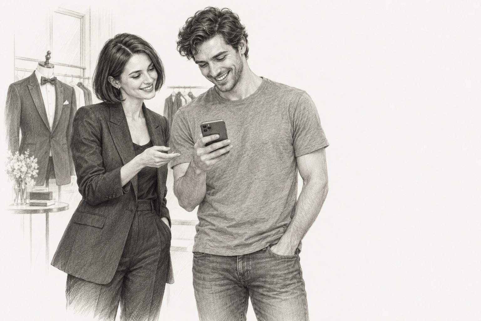 Detailed pencil sketch of a delighted customer seeing his wedding look on his phone beside the stylist